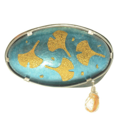 Botanical Blue and Gold Gingko Oval Brooch. 