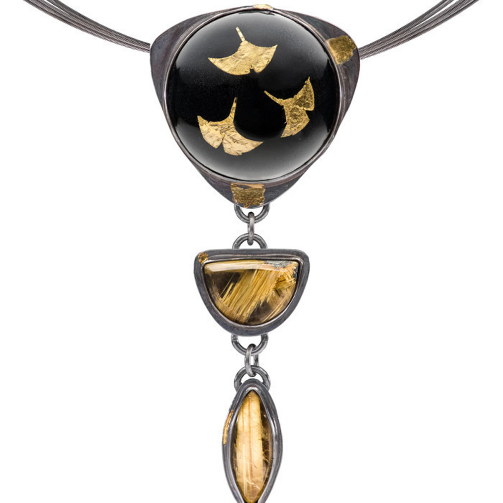 Black and Gold Gingko Leaves Long Necklace