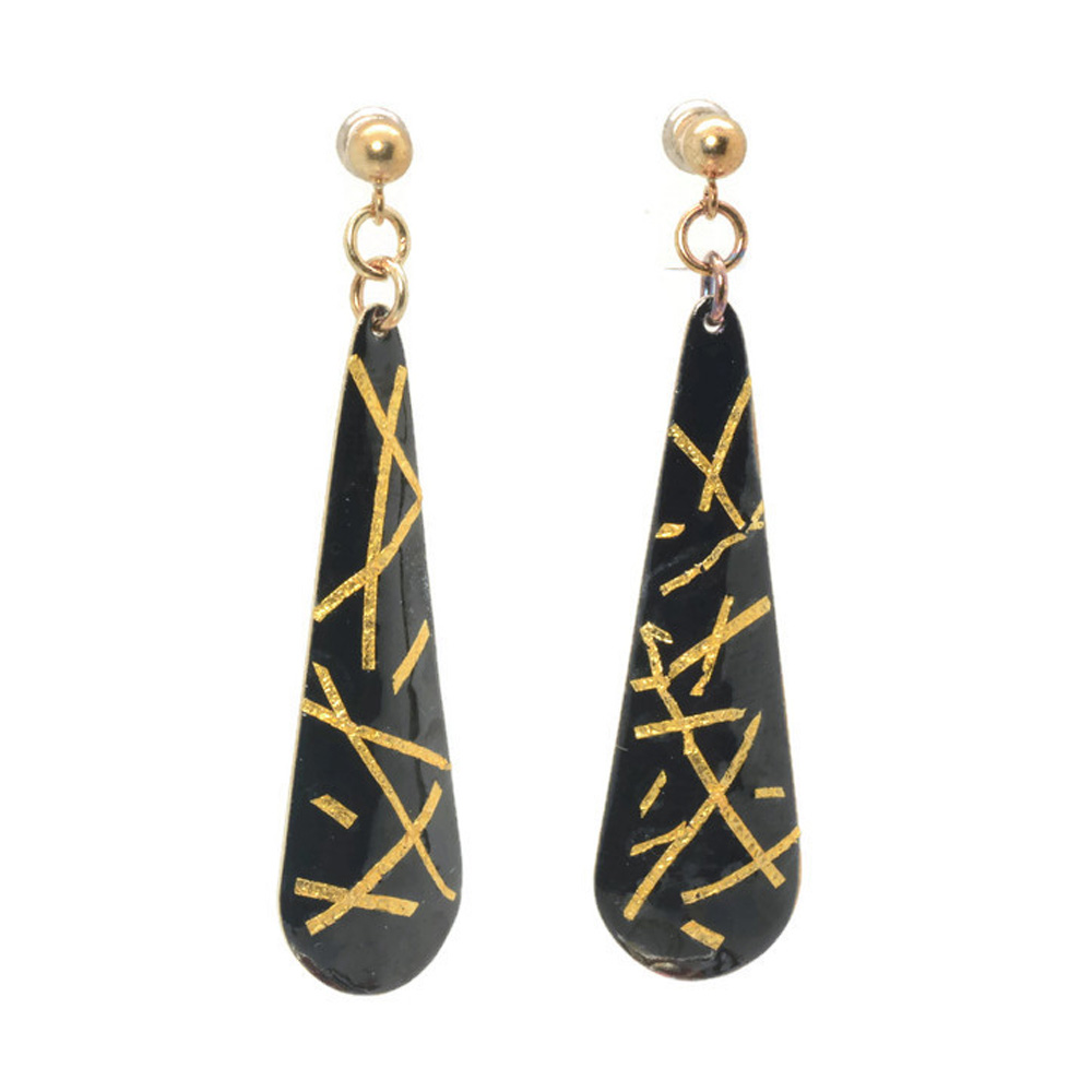 Black and Gold Stripes Long Drop Post Earrings