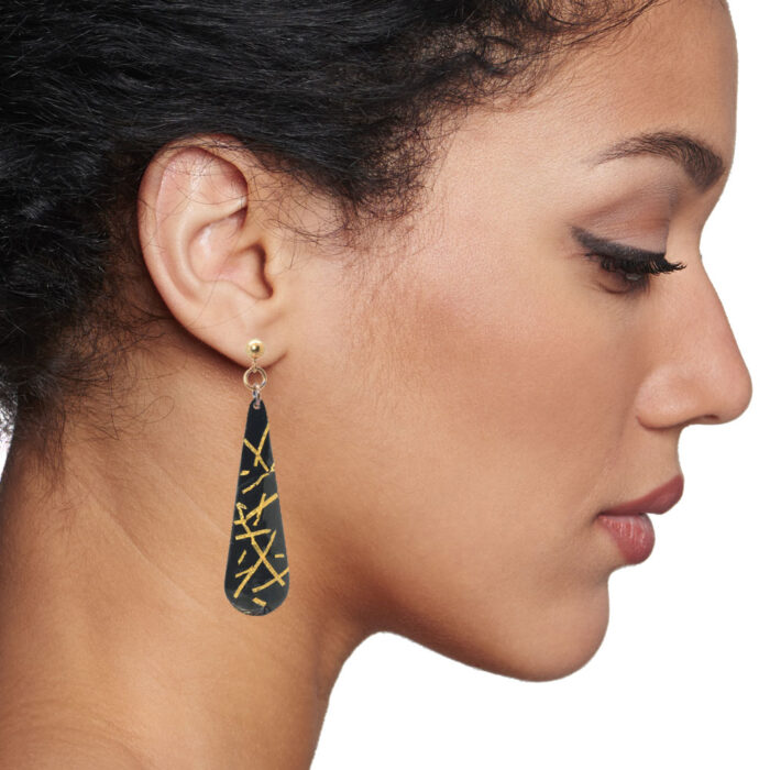 Black and Gold Stripes Long Drop Post Earrings