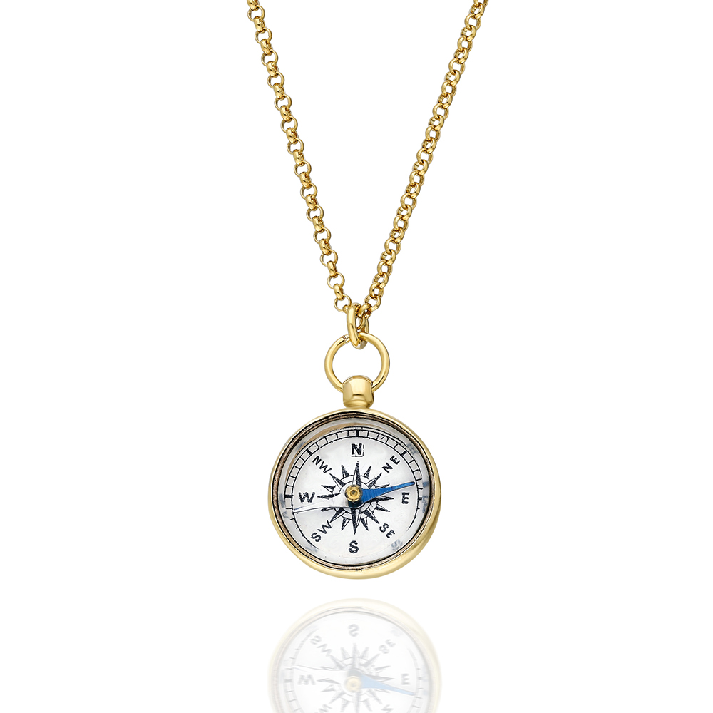 Sterling Silver Gold Plated Antique Compass Necklace -  Antique Golden Compass