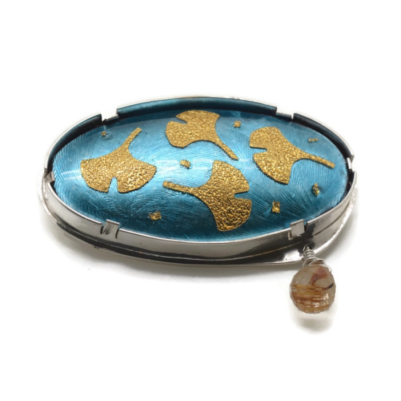 Botanical Blue and Gold Gingko Oval Brooch.  - Lara Ginzburg -  Eclectic Artisans