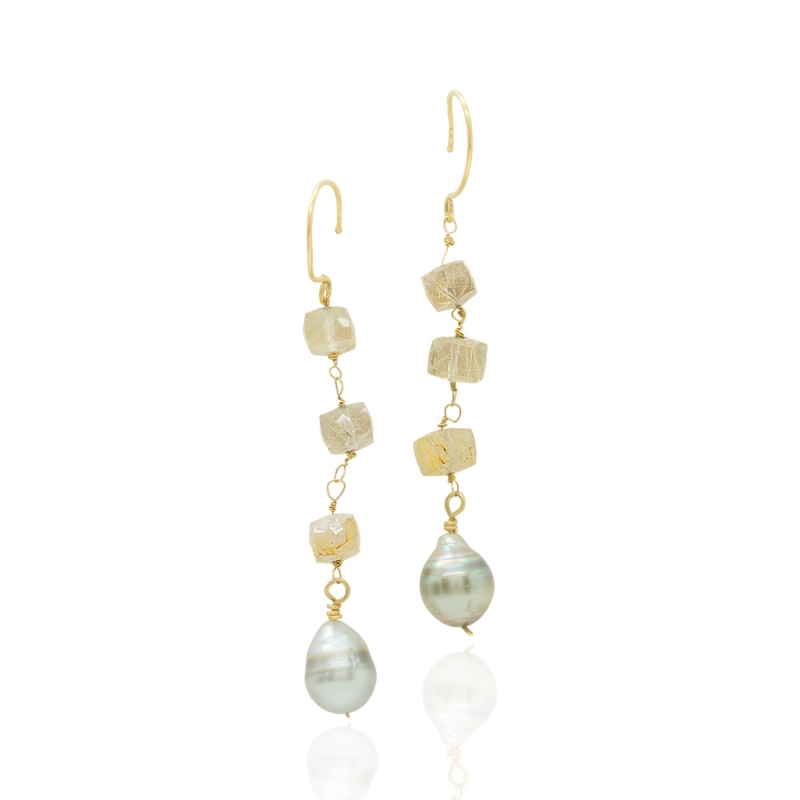 18ct Gold Rutilated Quartz and Tahitian Pearls Long Earrings - Catherine Marche -  Eclectic Artisans