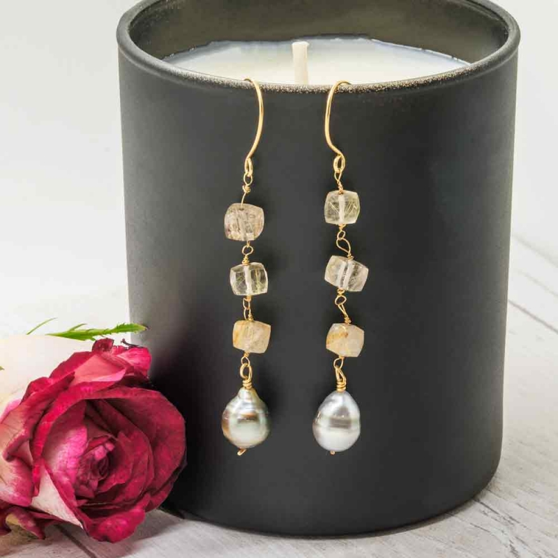18ct Gold Rutilated Quartz and Tahitian Pearls Long Earrings - Catherine Marche -  Eclectic Artisans